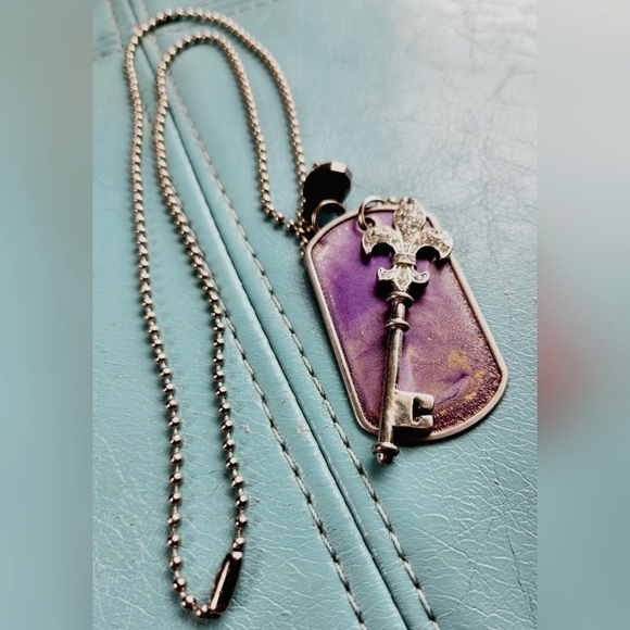 CHROME HEARTS Purple Pendant Rhinestones Fleur de Lis Silver Crystal Dog Tag 24" - Picture 2 of 16